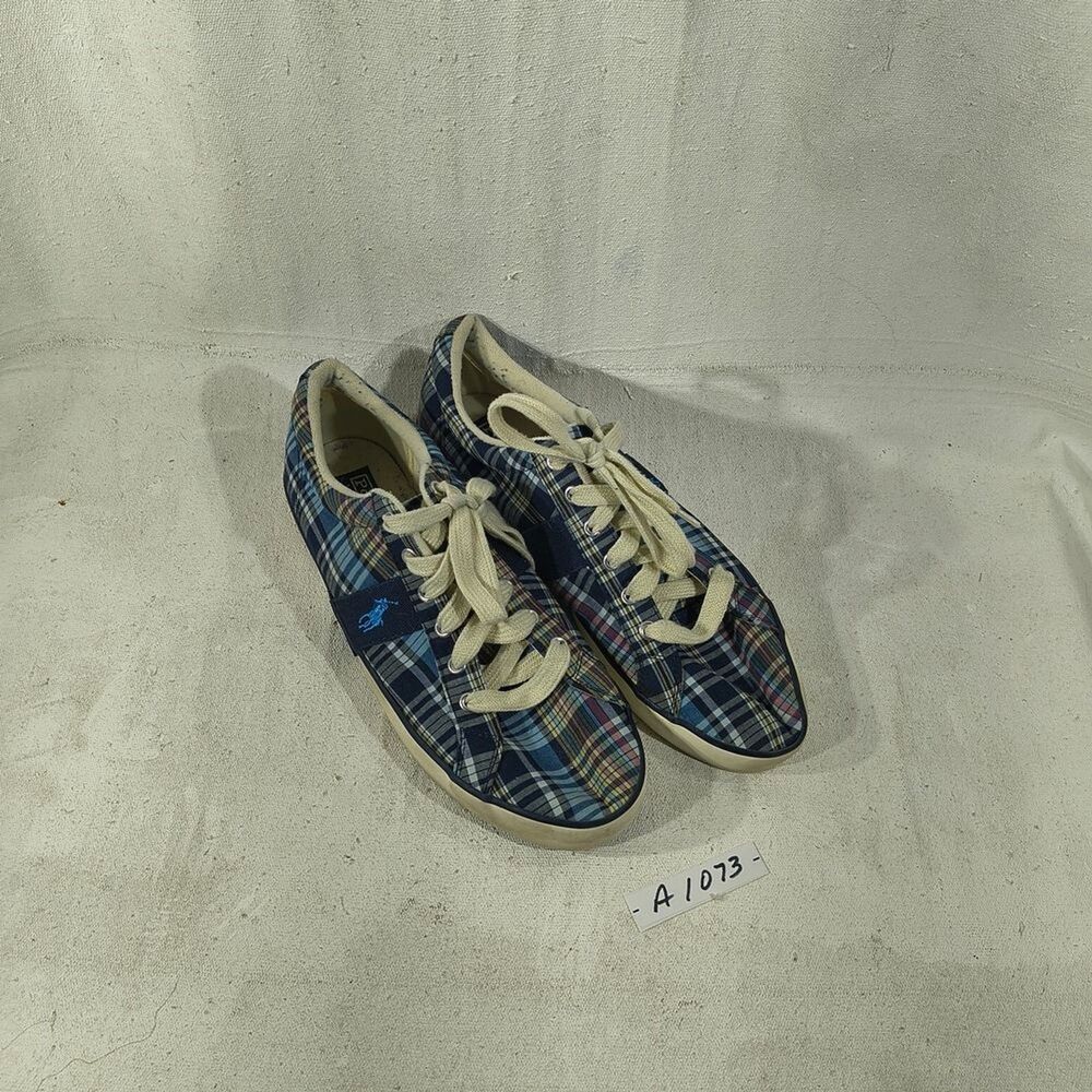 Ralph Lauren Mens Size 11D Blue Plaid Sneakers with Cream Accents